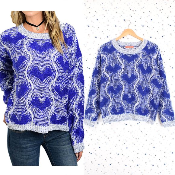 Heart Pattern Cable Knit Sweater Blue - Picture 1 of 10